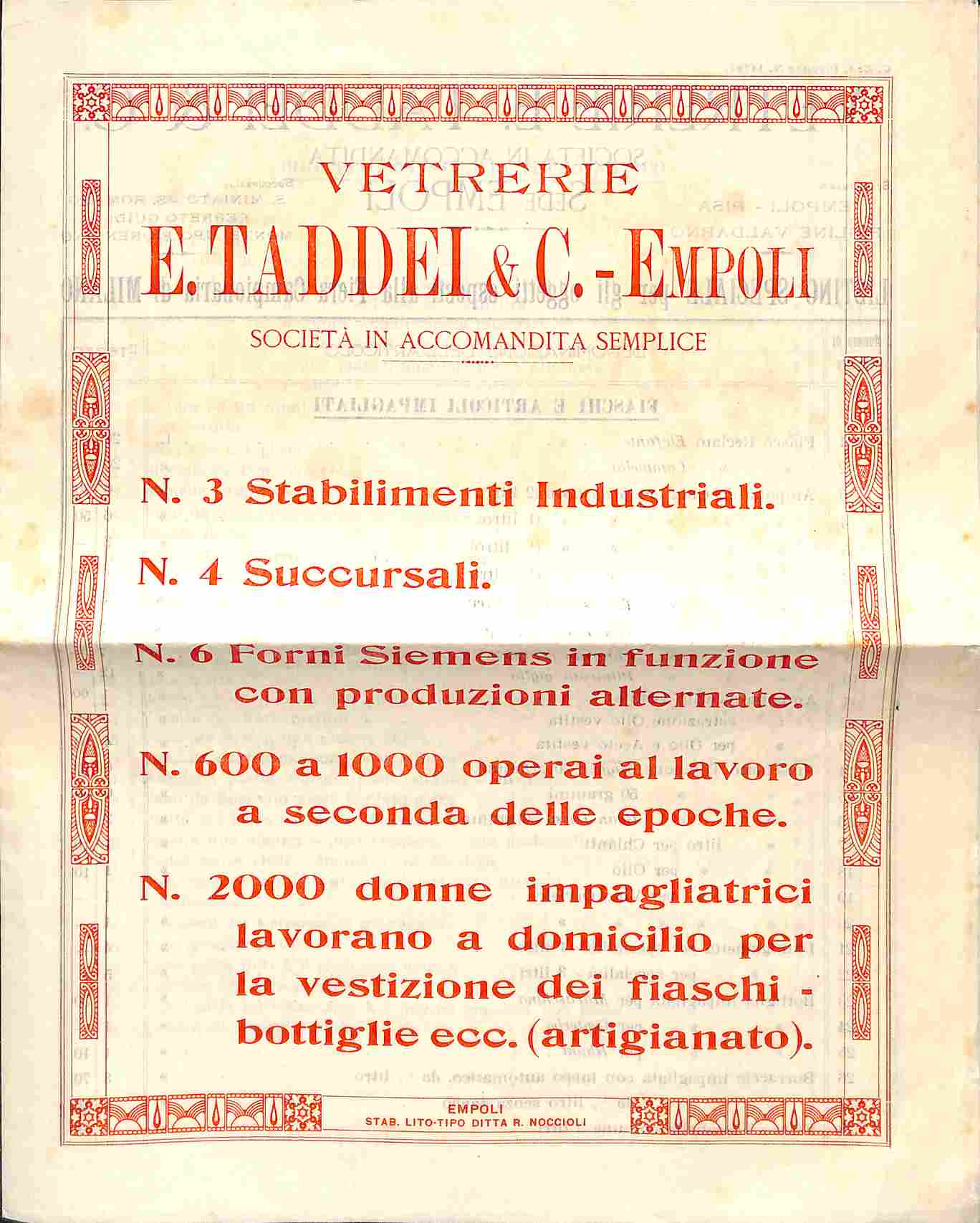 Vetrerie E. Taddei & C. - Empoli. Bifoglio pubblicitario